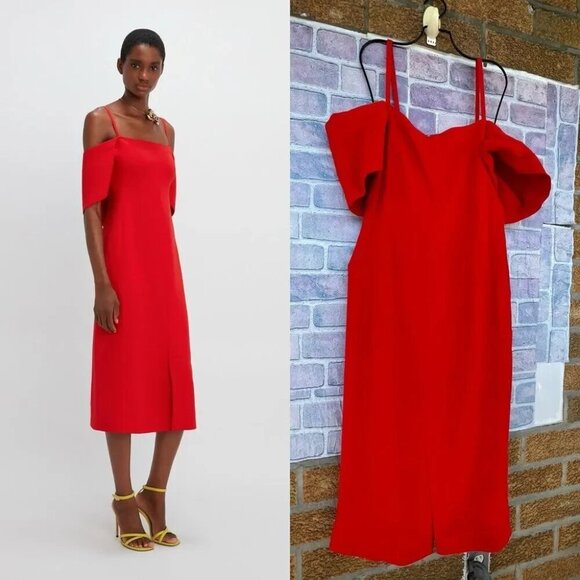 Victoria Beckham Off Shoulder Bandeau Dress in Tomato Red size 8 - Picture 2 of 16